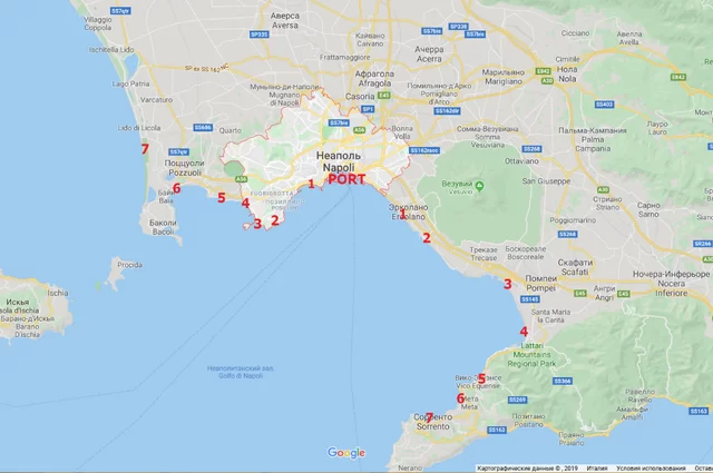 Пляжи рядом с Неаполем на карте